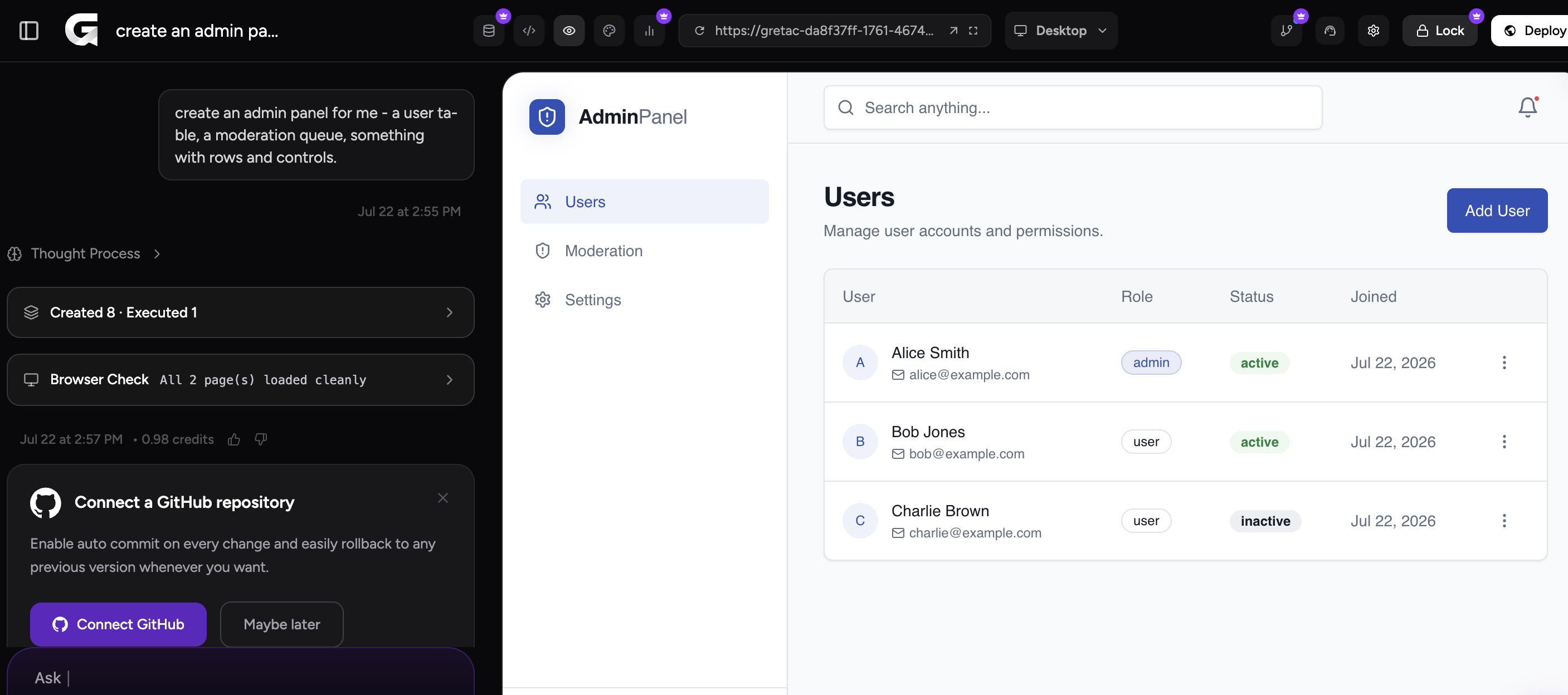 Admin panel built in Greta from one prompt — a Users table with roles, statuses, and an Add User control, plus Moderation and Settings sections